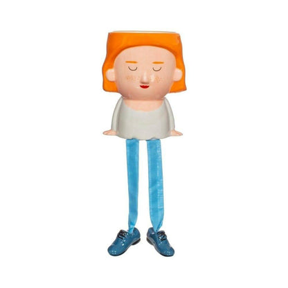 Plant mum planter with orange hair and dangling legs, hands at sides with small pot