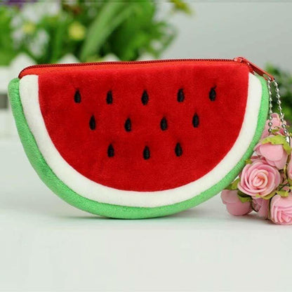 Plush red watermelon coin purse with green rind, white trim, top zipper and chain
