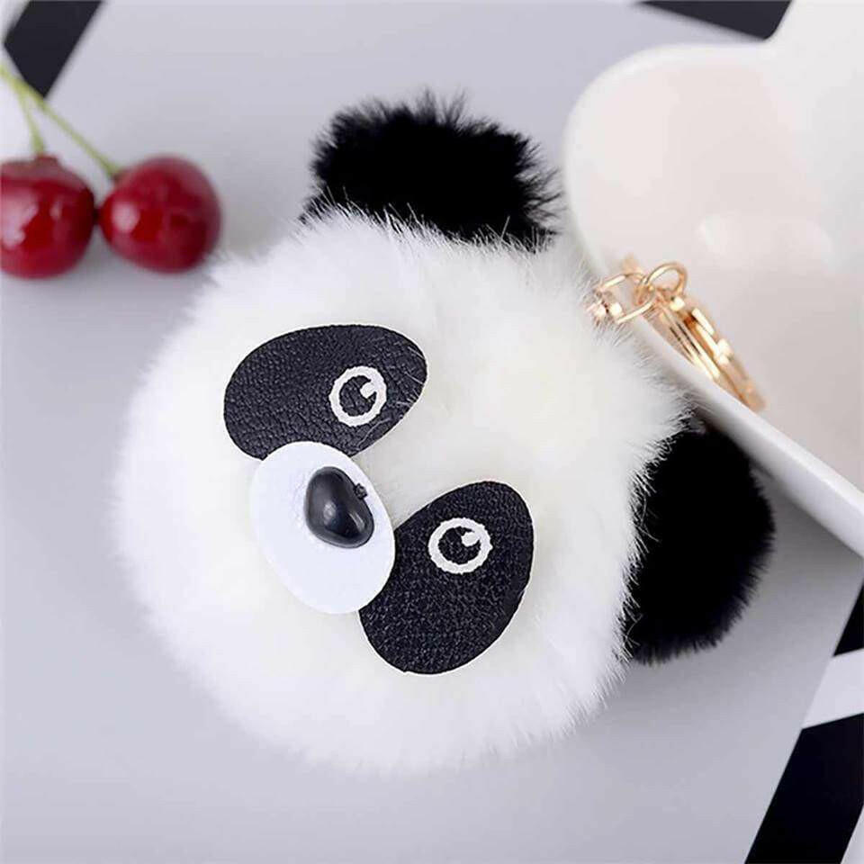 Panda pom pom backpack buddy charm in white and black with gold clip attachment