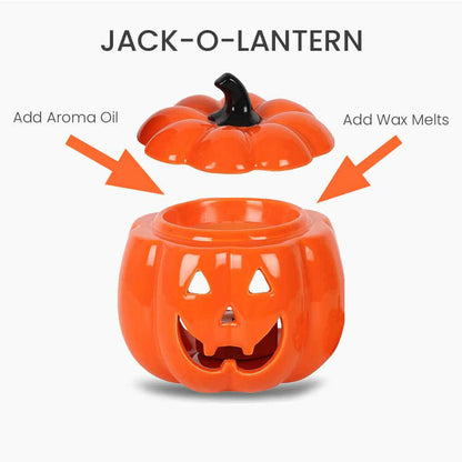 Orange jack-o-lantern wax melt warmer with black stem and carved face, lid closed