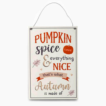 Hanging autumn plaque with handle, reads 'PUMPKIN SPICE' and 'Everything NICE'