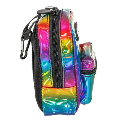 Rainbow metallic mini backpack side view with black zipper and adjustable shoulder strap.
