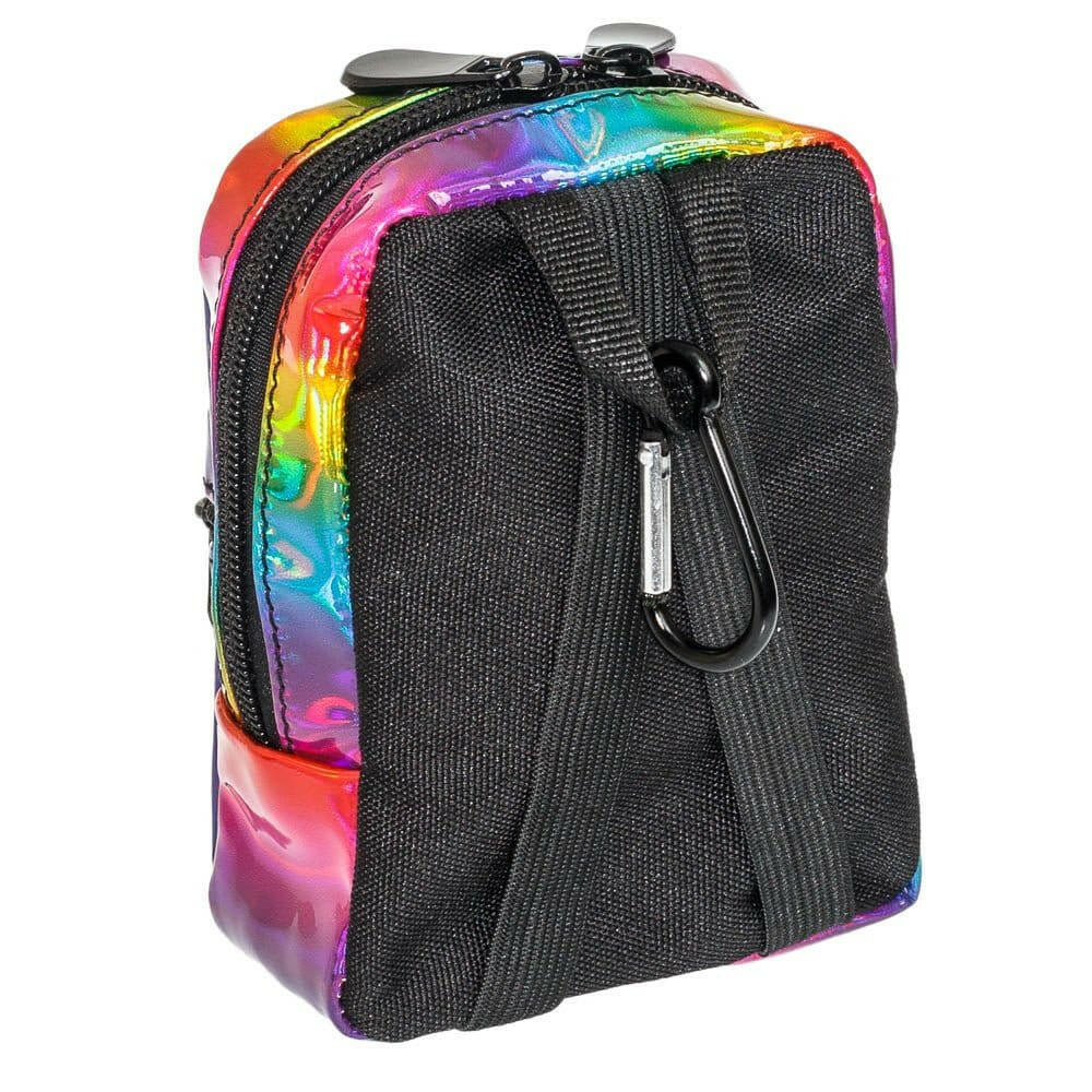 Rainbow metallic mini backpack with black webbing strap and front zip opening.
