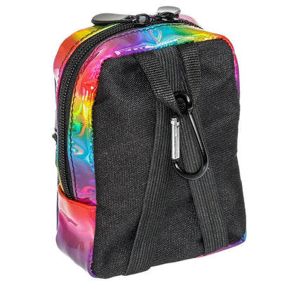 Rainbow metallic mini backpack with black webbing strap and front zip opening.