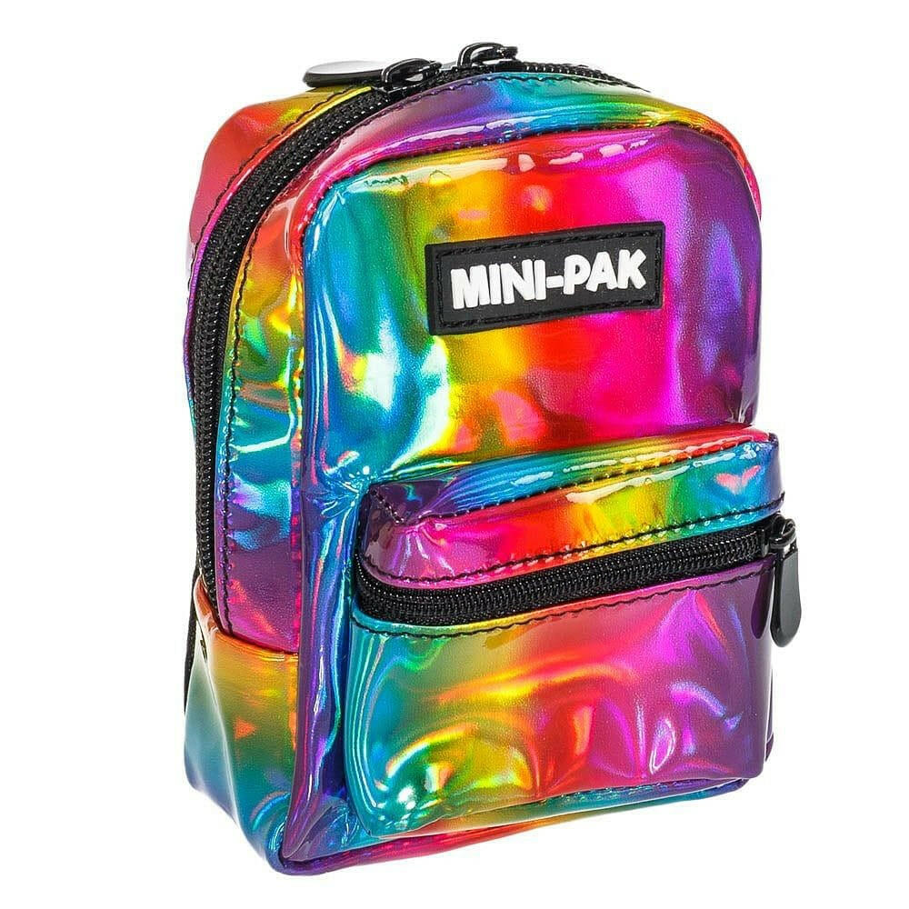 Rainbow metallic mini backpack with two front panels, black zipper trim, MINI-PAK patch.