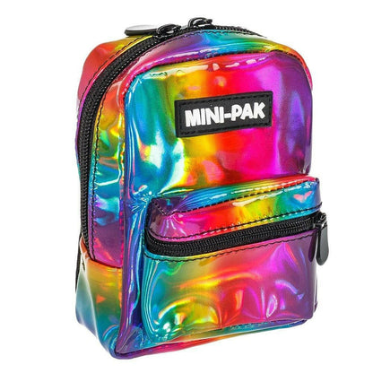 Rainbow metallic mini backpack with two front panels, black zipper trim, MINI-PAK patch.