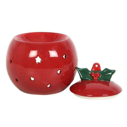 Red bauble oil burner with green holly lid and separate lid top