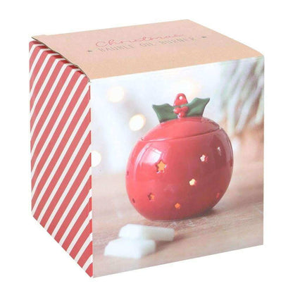 Red bauble wax melt warmer in gift box with holly lid and gold star details