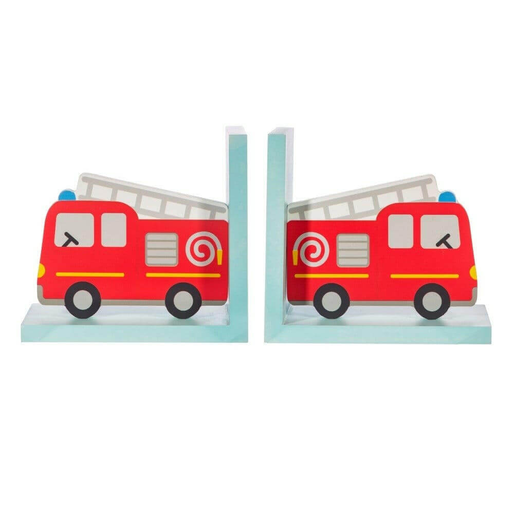 Pair of red fire engine bookends with gray wheels and light blue bases