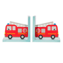 Pair of red fire engine bookends with gray wheels and light blue bases