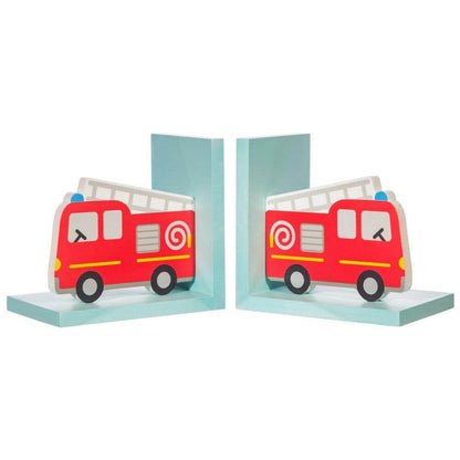 Red fire engine bookends with upright book pages and light blue support bases