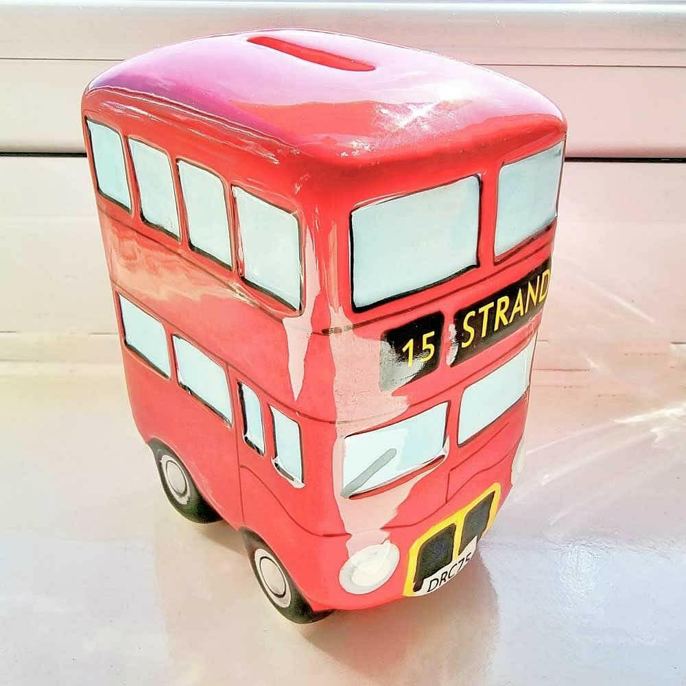 Red retro ceramic London bus money box with windows and side detailing