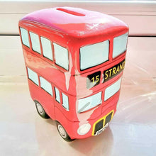 Red retro ceramic London bus money box with windows and side detailing