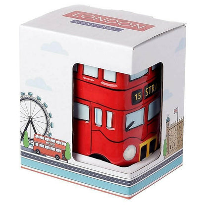Red retro ceramic bus money box in white display box with LONDON on top