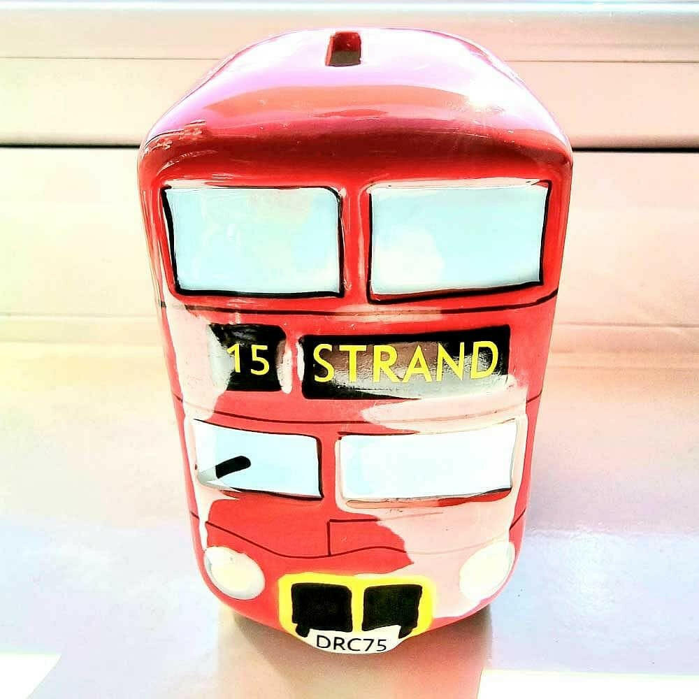 Red retro ceramic London bus money box front with route text and license plate