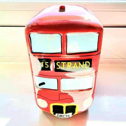 Red retro ceramic London bus money box front with route text and license plate