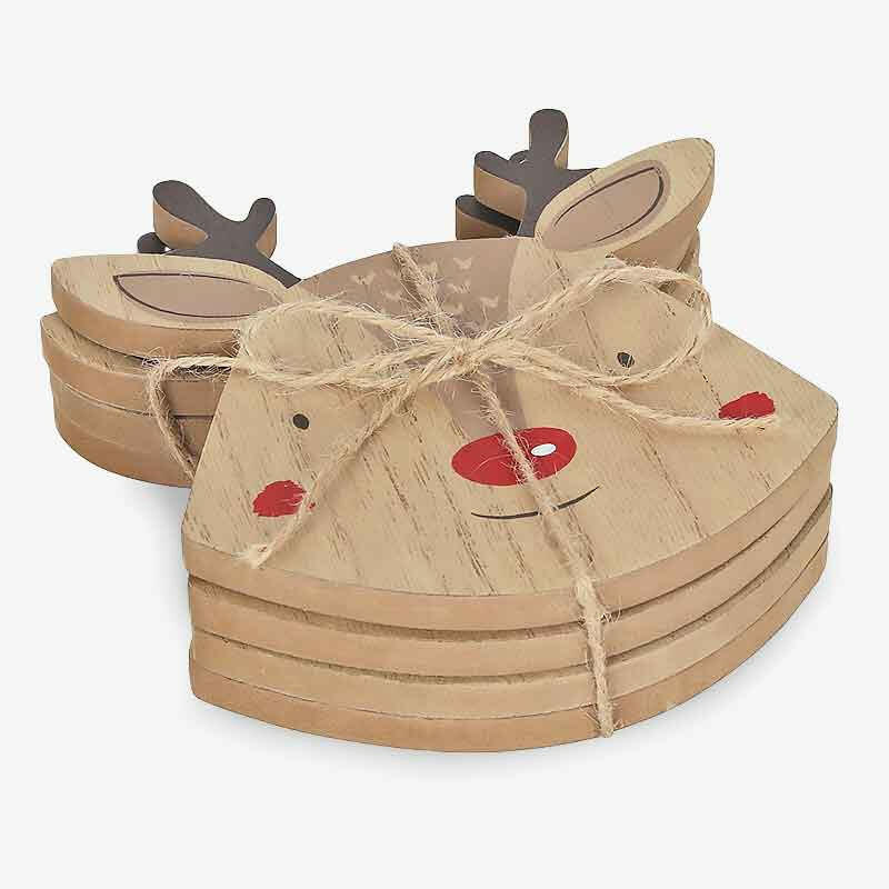 Wooden reindeer coaster set of 4, tan reindeer faces with dark antlers and red accents
