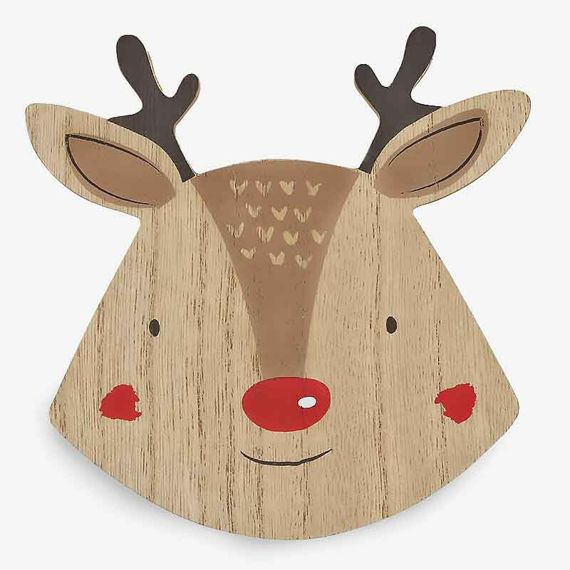 Wooden reindeer coaster set of 4 with tan faces, dark antlers, and red noses