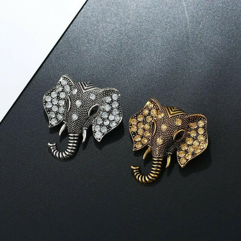 Set of elephant crystal brooches, gold and silver, with rhinestone eyes