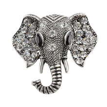 Silver elephant crystal brooch with rhinestone eyes and open tusk-like trunk detail
