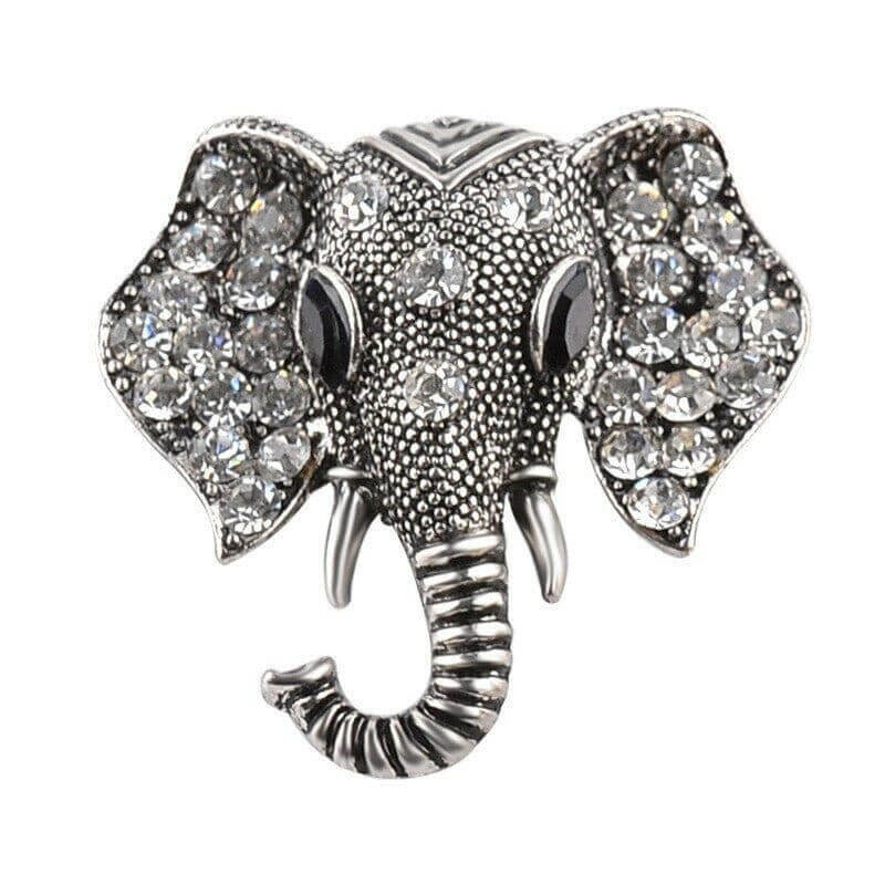 Silver elephant brooch with clear crystal rhinestones and textured body, front