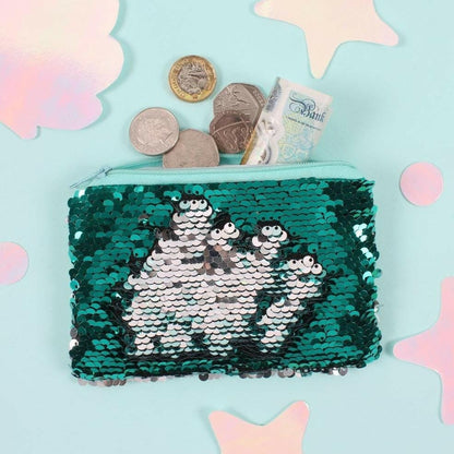 Sequin coin purse with zip, green sequins with silver cartoon-like face and coins.