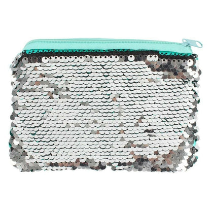 Sequin coin purse with zip, silver sequins and aqua zipper trim.