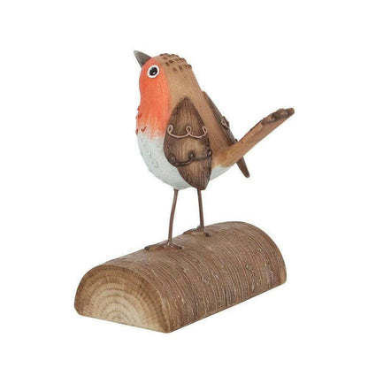 Resin robin ornament perched on wood log base, wings raised and detailed beak