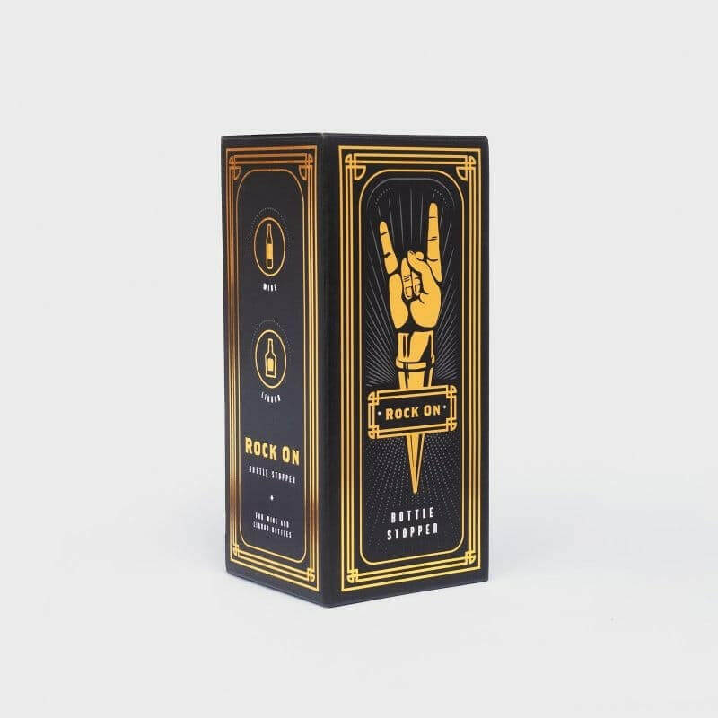 Rock On bottle stopper gift box with gold and black hand design