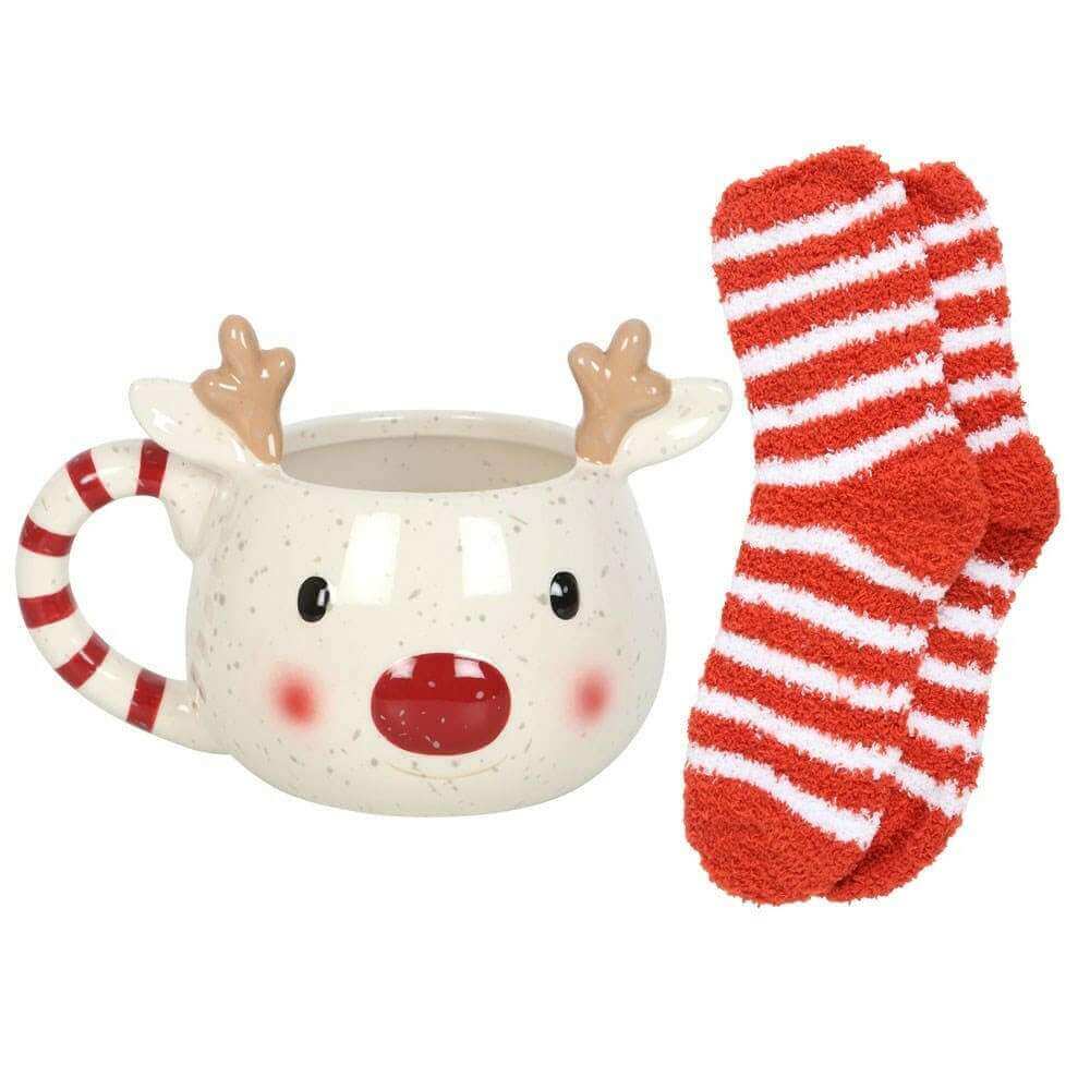 Rudolph Red Nose Reindeer Christmas Mug and Socks Gift Set by Jones Home & Gifts
