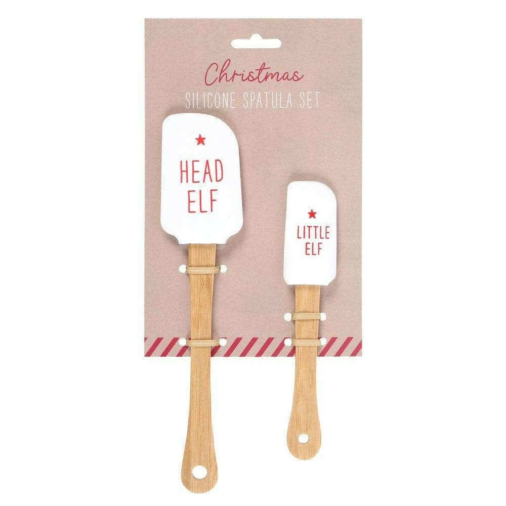 Christmas silicone spatula set in box: head elf and little elf spatulas with wood handles