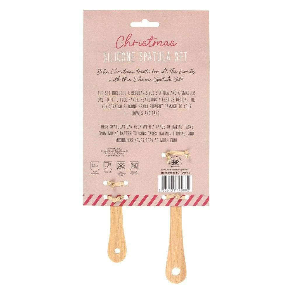 Christmas silicone spatula set package back with two spatulas, wood handles and white heads