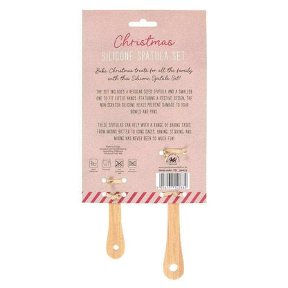 Christmas silicone spatula set package back with two spatulas, wood handles and white heads