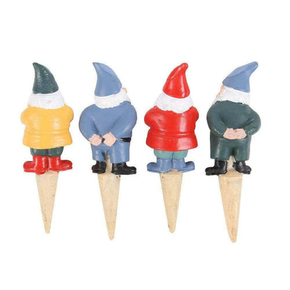 Set of four mini gnome plant pot pals figurines with cone stakes, front view