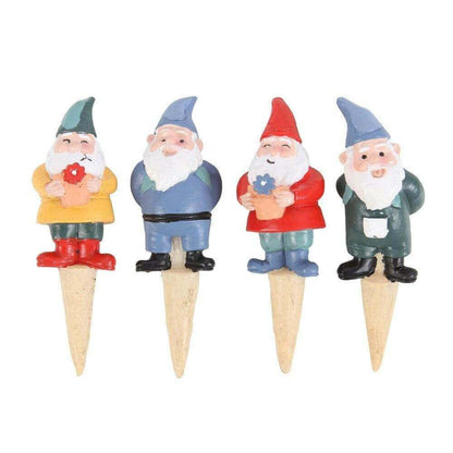 Set of four mini gnome plant pot pal figurines on cone stakes, colorful caps