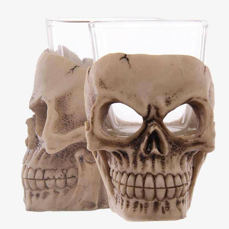 Skull mini shot glass with clear plastic cup and textured tan skull design
