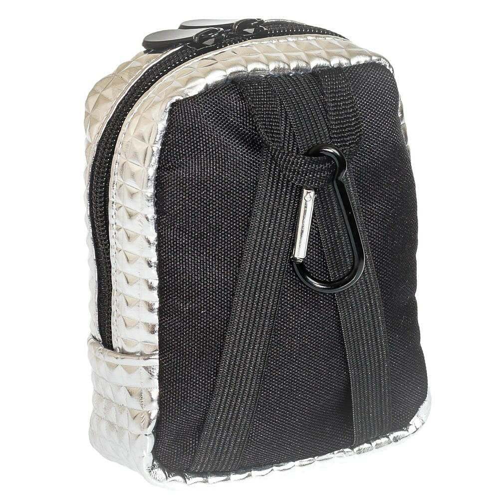 Silver mini backpack back view with black carabiner clip and zipper pocket
