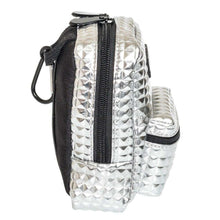 Silver mini backpack side view with front zip pocket and attached strap loop