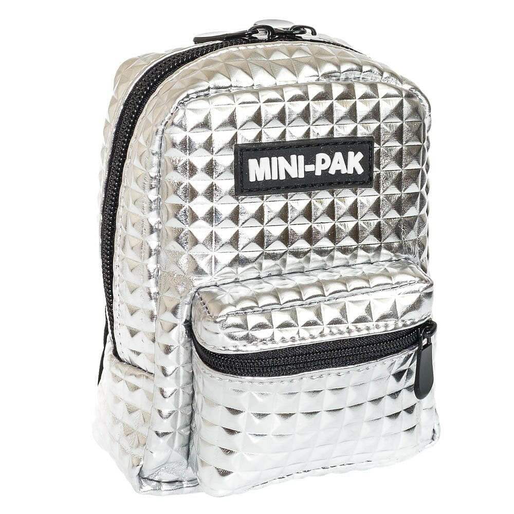 Silver mini backpack with textured diamond pattern and front zip pocket
