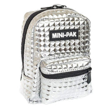 Silver mini backpack with textured diamond pattern and front zip pocket