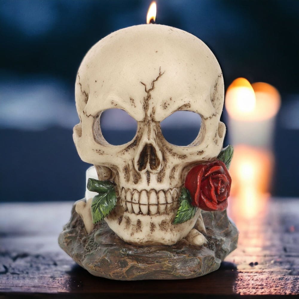 Skull & Red Rose Tealight Holder Home Halloween Decor - Tea Light Holder by Spirit of equinox