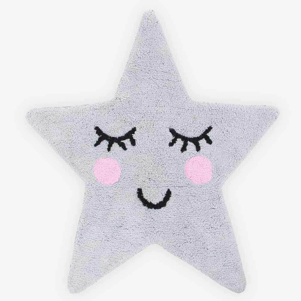 Grey star rug with cute face: black lashes, pink cheeks, smiling mouth
