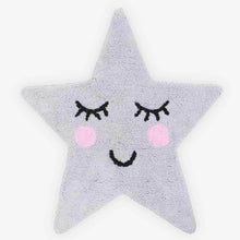Grey star rug with cute face: black lashes, pink cheeks, smiling mouth