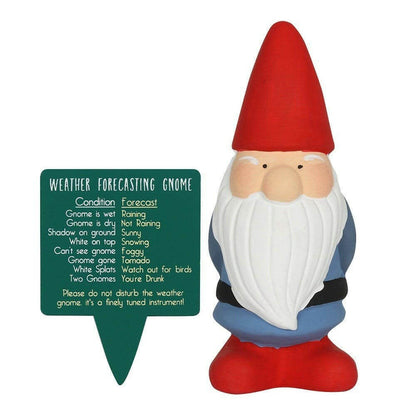 Weather forecasting garden gnome in red with green weather forecast sign