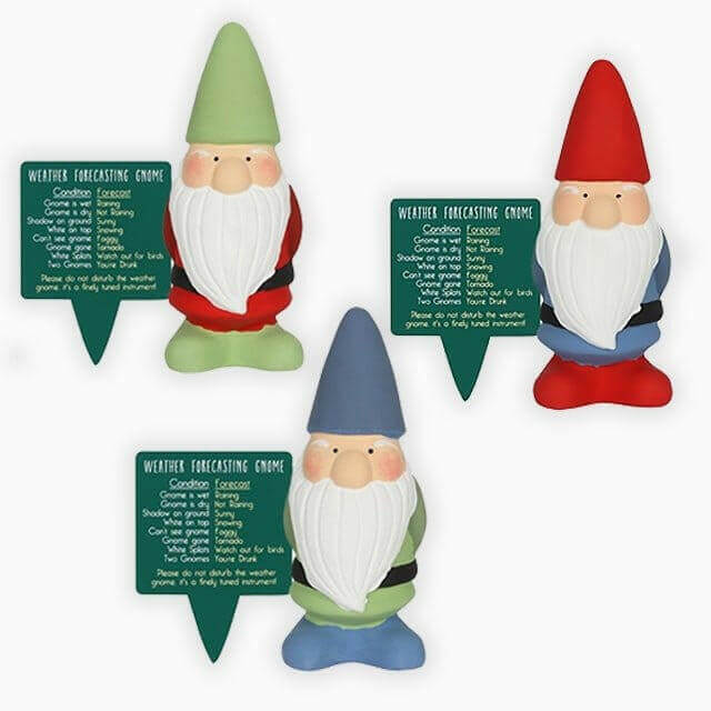 Weather forecasting garden gnomes set of three in red, green, and blue