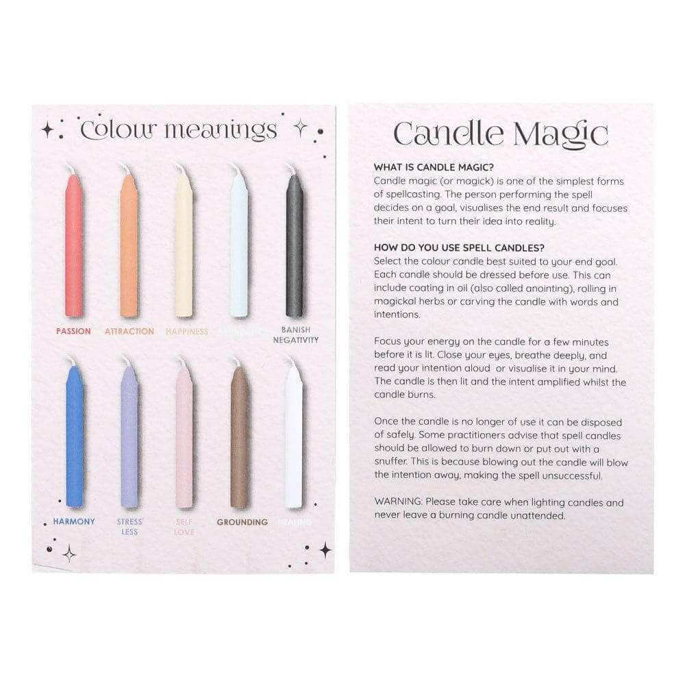 Candles guide cards titled Colour meditations and Candle Magic for selecting candles