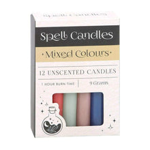 Spell candles box with 12 unscented mixed-color candles in a window carton