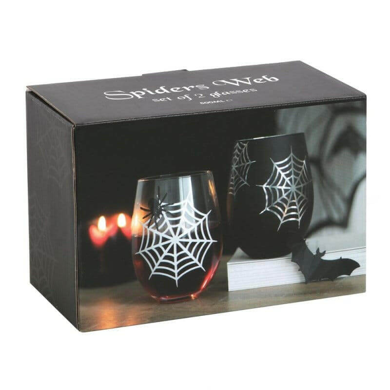 The Fashion Gift Shop: Spider and Web Stemless Wine Glasses Set of 2 for Halloween by Spirit of equinox, Stemless Wine Glass