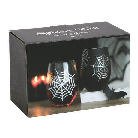 The Fashion Gift Shop: Spider and Web Stemless Wine Glasses Set of 2 for Halloween by Spirit of equinox, Stemless Wine Glass