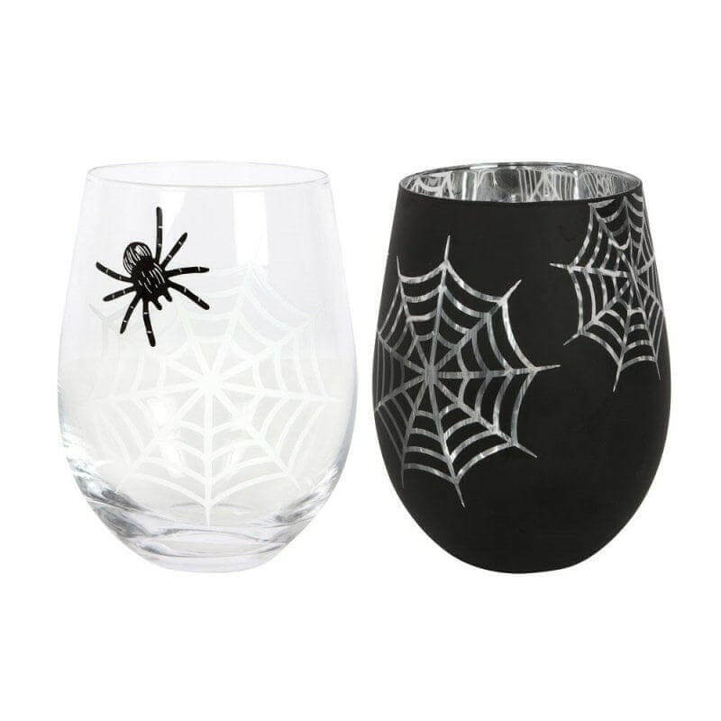 The Fashion Gift Shop: Spider and Web Stemless Wine Glasses Set of 2 for Halloween by Spirit of equinox, Stemless Wine Glass